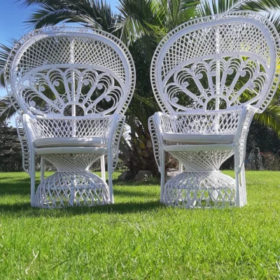 Ensemble de 2 fauteuils en rotin blanc type "Emmanuelle"